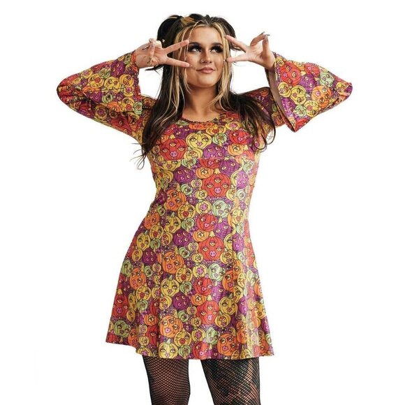 Sourpuss Size Small Retro Pumpkin Halloween Mini Dress Stretch Goth Bell Sleeve - Picture 1 of 5